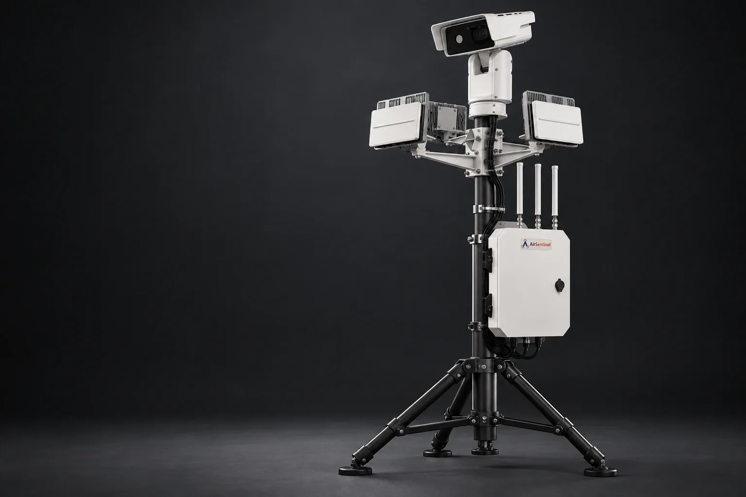 Integrated RF / radar / optical deployment with radar panels, positioning camera and AMS sensor