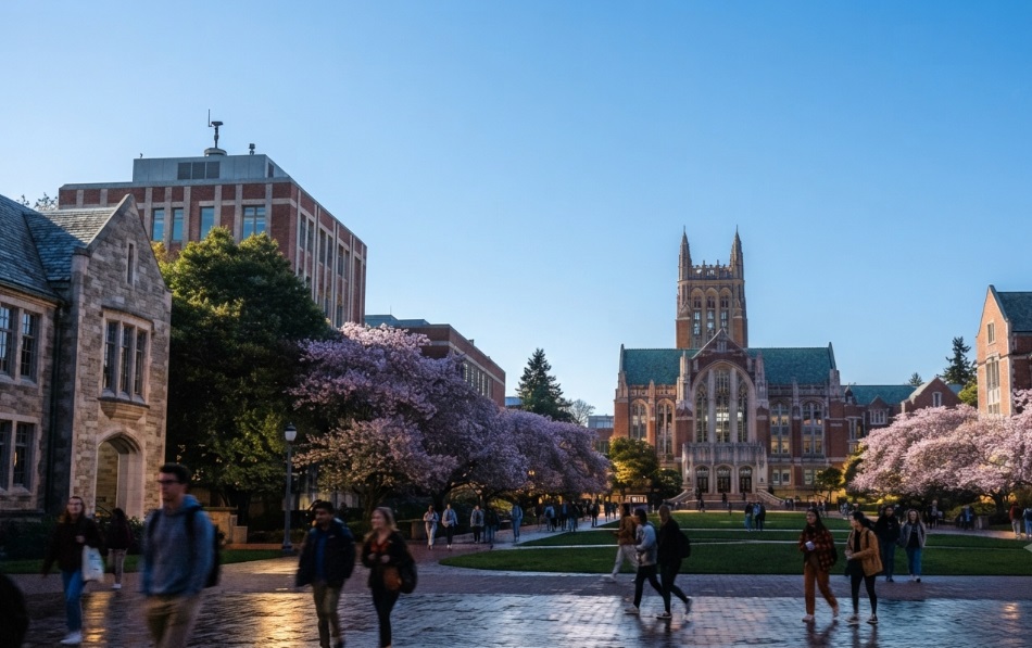 A daylight view of a bustling historic university campus quad featuring gothic architecture, blooming cherry trees, students walking.