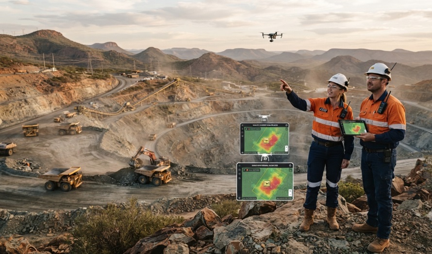 Two engineers at an open-pit mine with a flying drone and floating holographic thermal mapping screens.