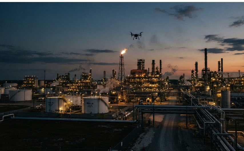 Aerial view of an illuminated oil and gas refinery at twilight with a drone flying overhead.