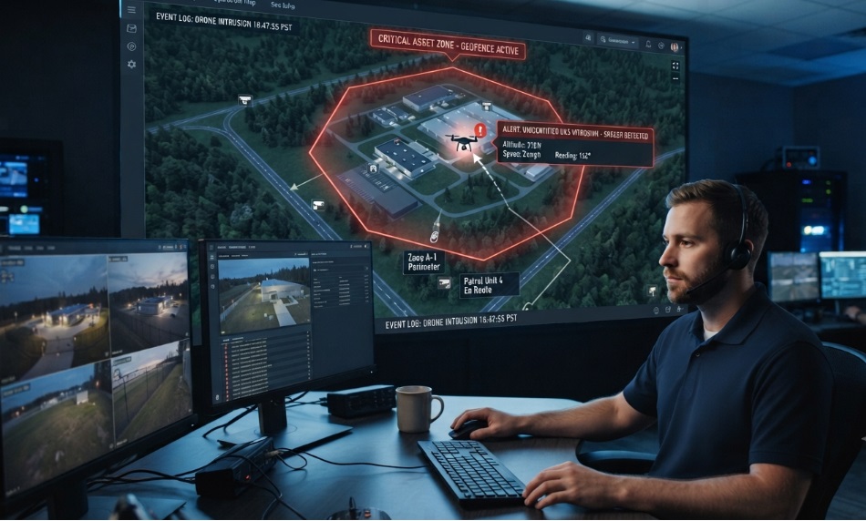 A security operator in a dimly lit command center wearing a headset, looking at multiple screens displaying security camera feeds and a large map with a highlighted drone intrusion and real-time alerts.