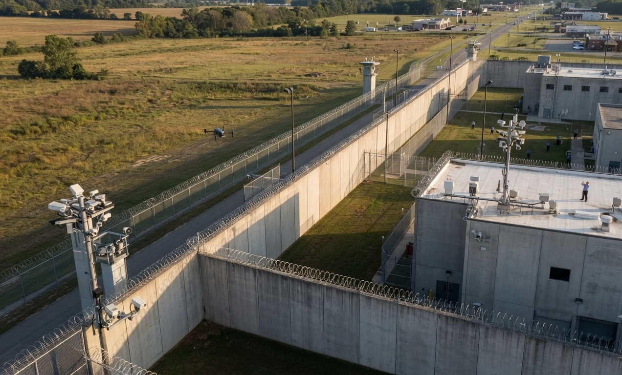 High-angle view of a prison facility perimeter featuring high concrete walls, security fences, guard towers, and sensor equipment utilized for drone detection for correctional facilities.