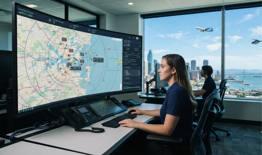 professional female operator monitors a large tactical map and system status on a massive curved display in a modern command center, tracking multiple aircraft and drones.