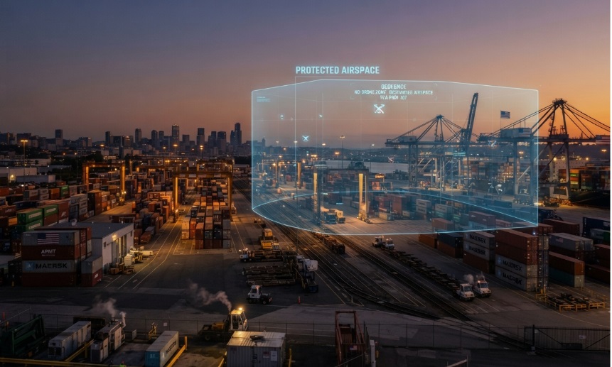 A wide-angle twilight photograph of a large container port with a city skyline in the background, overlaid with a glowing blue holographic projection of a "PROTECTED AIRSPACE" geofence and tracking data for maritime security.
