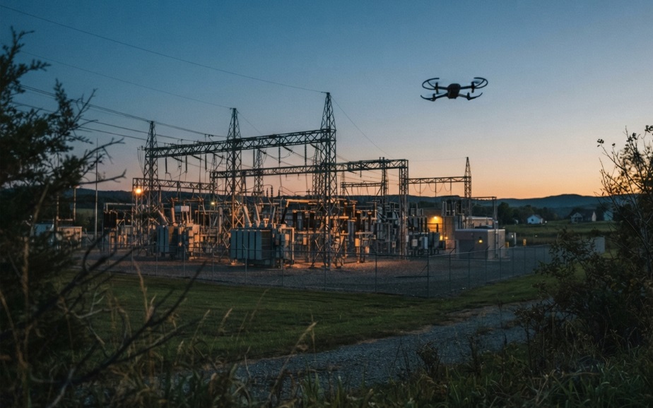 A small quadcopter drone silhouette hovering near an electrical substation at dusk, illustrating the need for advanced drone detection for power plants.