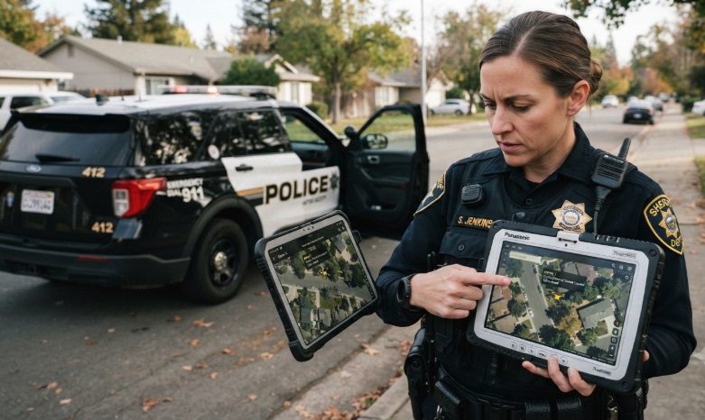 A female patrol officer viewing a live drone-alert map on ruggedized tablets while standing next to a police cruiser, illustrating drone detection for law enforcement.