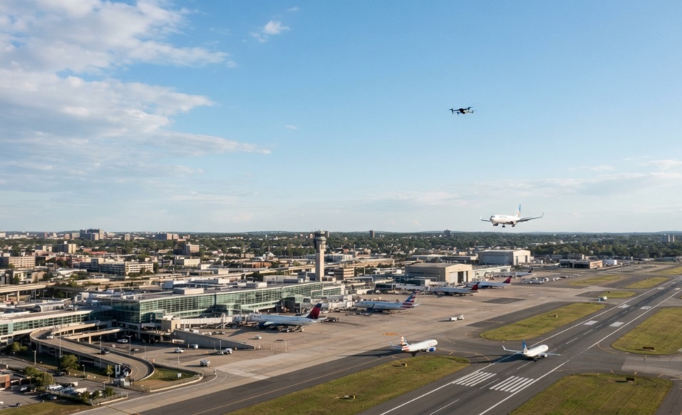 Wide aerial view for airspace monitoring showing a small drone silhouette in the open sky above an airport runway and terminals