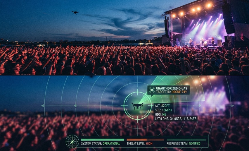 Split graphic showing an outdoor music festival crowd and a drone detection for events radar interface tracking a rogue UAV in real-time.