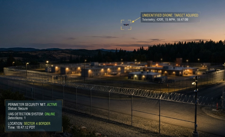 A correctional facility perimeter at dusk featuring a detected drone in the sky with digital security tracking overlays indicating prison drone threats.