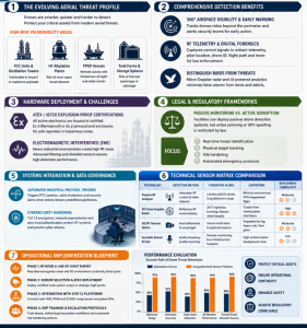 Drone detection system monitoring an oil and gas refinery with radar, thermal sensors, and real-time airspace surveillance for critical infrastructure security.